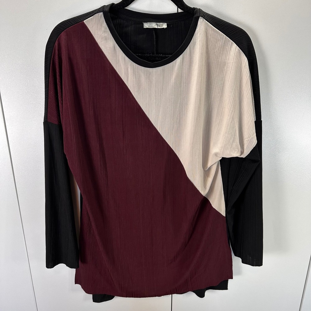 Zara Women's Color Block Long Sleeve Tunic Top Beige‎ Burgandy Black Size S
